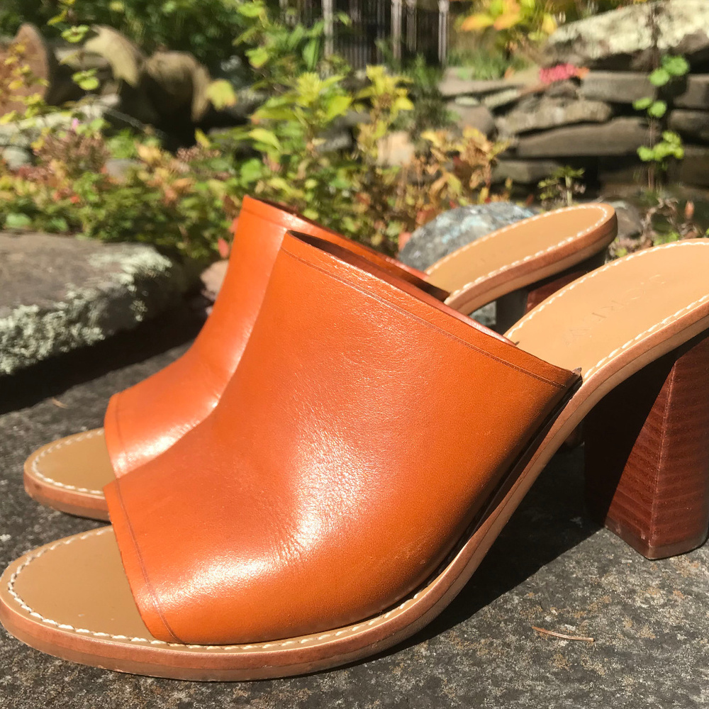 J. Crew Leather Stacked Heel Slides Caramel 6